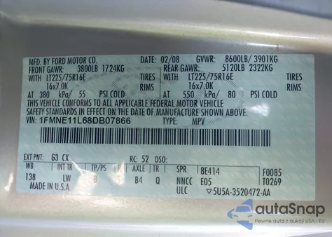 2008 Ford E-150 Xl/Xlt из США, поврежденный, VIN 1FMNE11L68DB07866